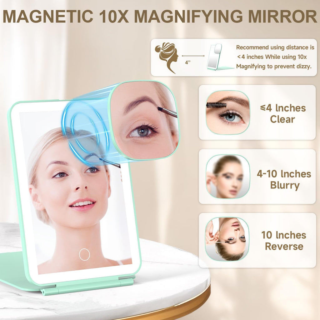 Mocado LED Foldable Travel Makeup Mirror - 5x7 inches3 Colors Light Modes USB Rechargeable Touch Screen, Portable Tabletop Cosmetic Mirror for Travel, Cosmetic, Office (Green)