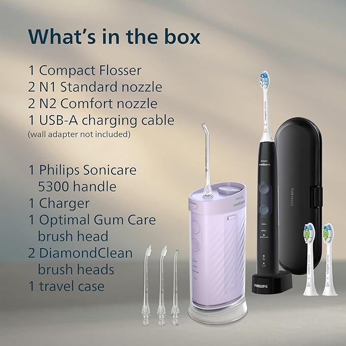 Philips Sonicare Compact Flosser 1000, Purple, ProtectiveClean 5300 Rechargeable Electric Toothbrush and 2PK Compact Nozzle Bundle