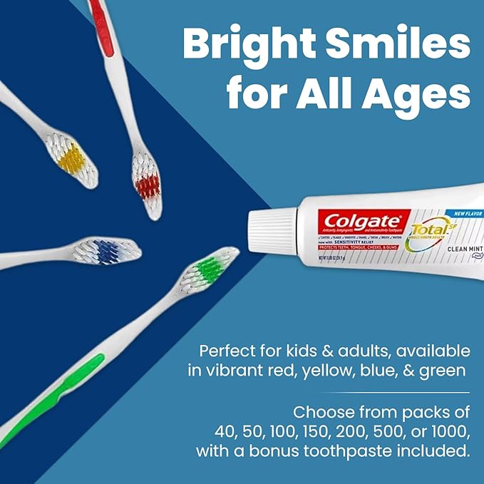 50 Toothbrushes Bulk Wholesale Quantity Standard Size, Dental Care Toiletries, Medium Soft Bristles, Individually Wrapped, Homeless Care, Disposable Use, Hotels, Travel,