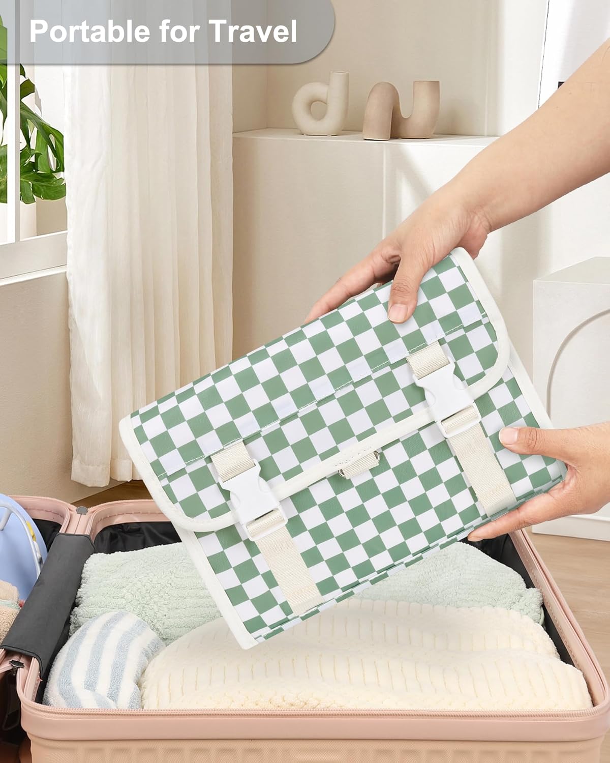 Relavel Travel Hanging Toiletry Bag for Women, Large Capacity Wash Bag with 360 degree Rotation Hanging Hook, Portable Toiletries Makeup Organizer Storage for Daily Use, Trip, Camping - Green Plaid