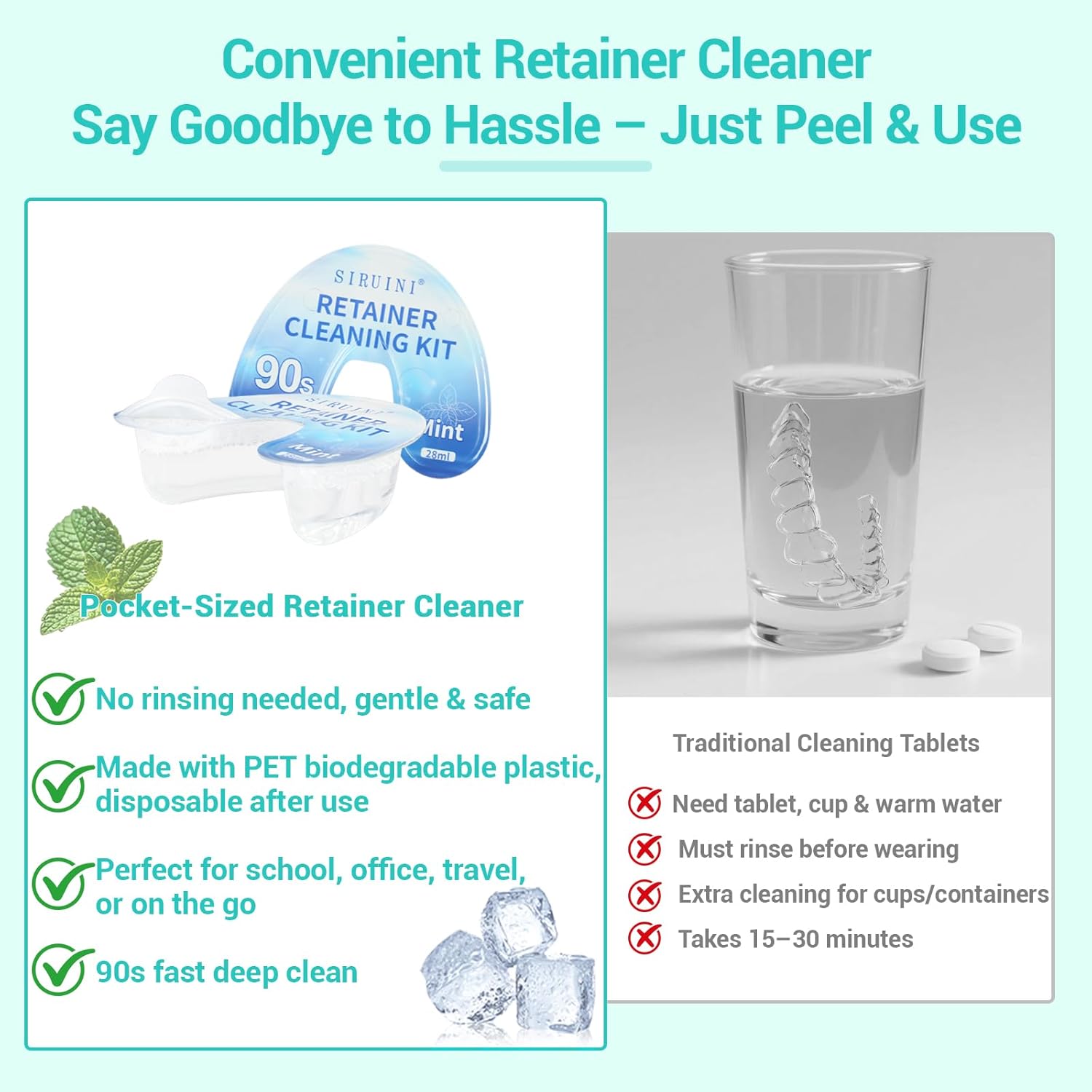 Travel Retainer Cleaner Clear Aligner Cleaner, Cleaners for Mouth Guard Night Guard, Remove Odors, Discoloration, Stains & Plaque, Mint(10 Pcs)