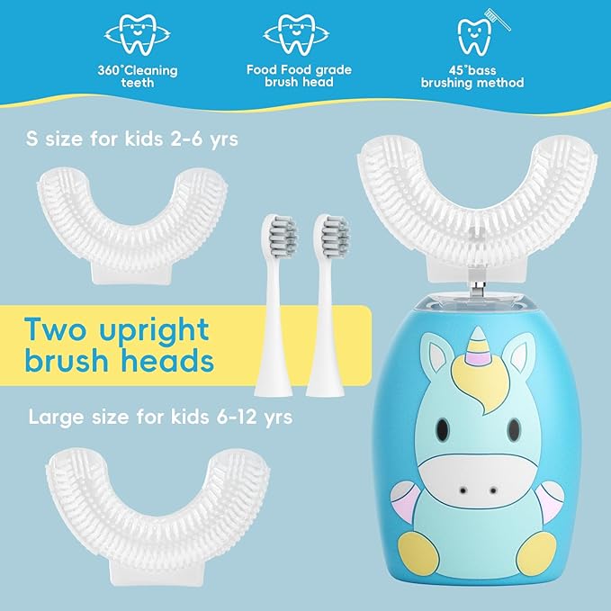 Kids U Shaped Electric Toothbrush 4 Brush Heads, Automatic Sonic Toothbrush Kids 2 Modes, Cartoon Design 360-Degree Cleaning IPX7 Waterproof