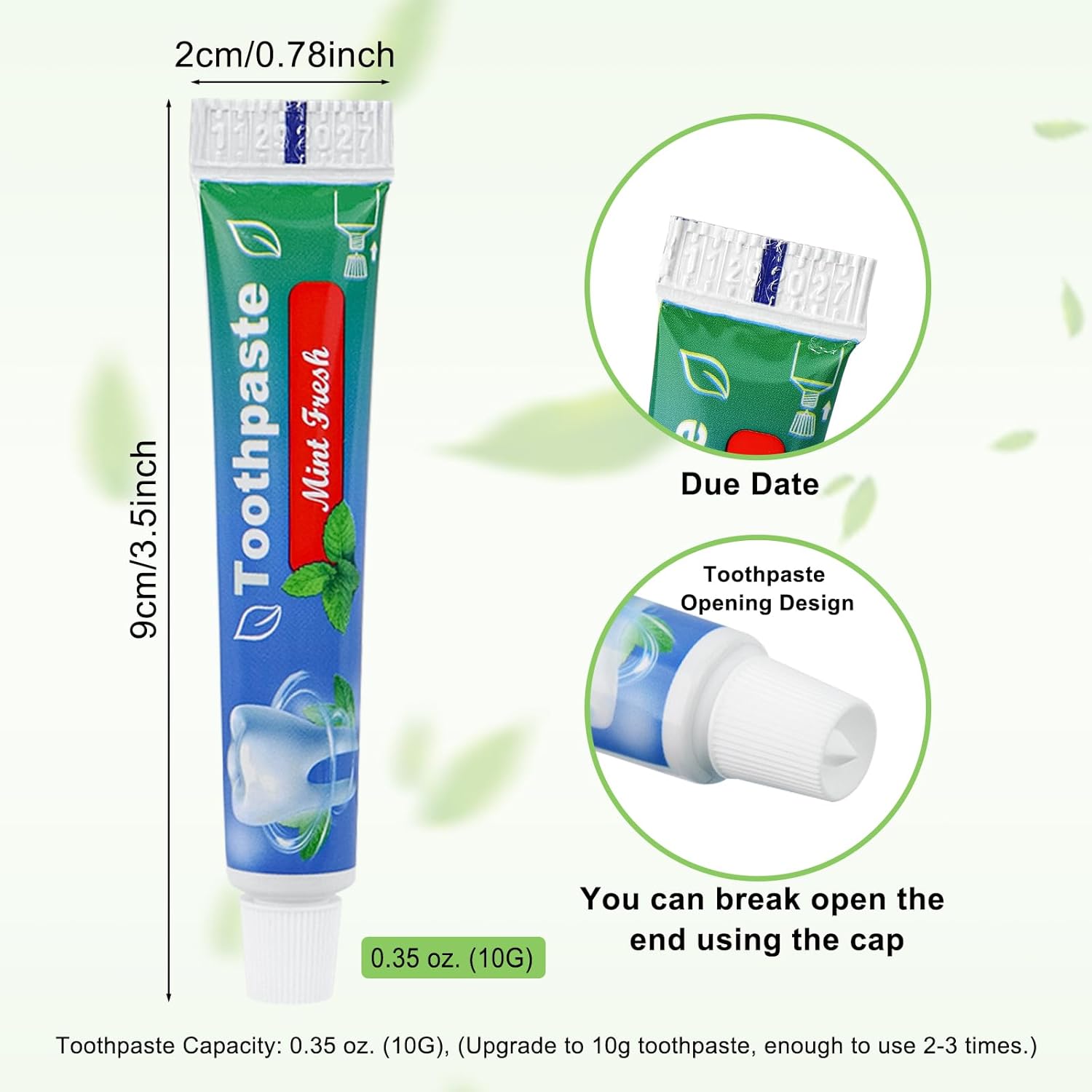 0.35 oz Bulk Travel Size Toothpaste, 50 Tubes, Mint Flavor, Mini Disposable Toothpaste for Hotel, Guests, Homeless, Office