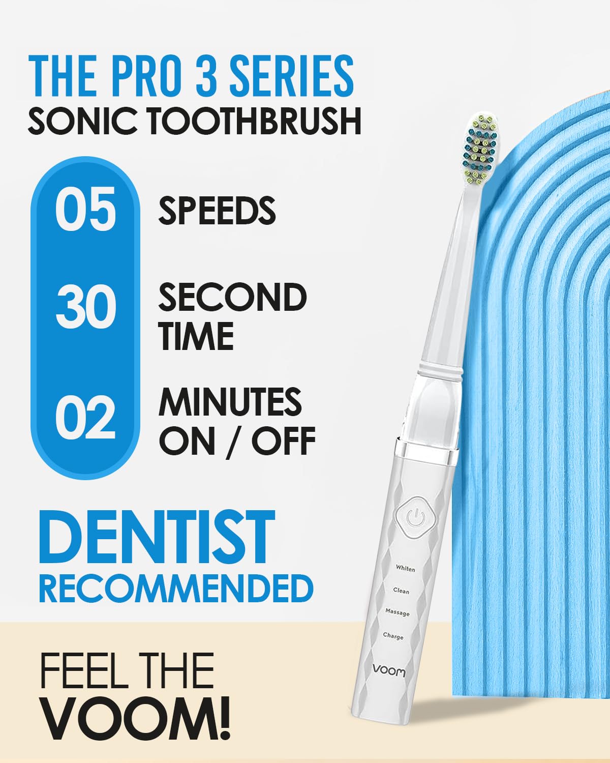 Voom Sonic Pro 3 Rechargeable Electric Toothbrush With Soft Dupont Nylon Bristles Dentist Recommended Portable Oral Care 2-Minute Timer 3 Adjustable Speeds Light Weight Design - White