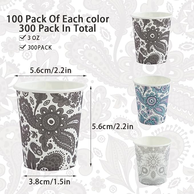 [300 Pack] 3 oz Disposable Paper Cups, Small Mouthwash 3 OZ Mini Bathroom Cups 3 Ounce for Supermarket, Birthday Party, Travel, Events, Picnic, BBQ (Paisley)