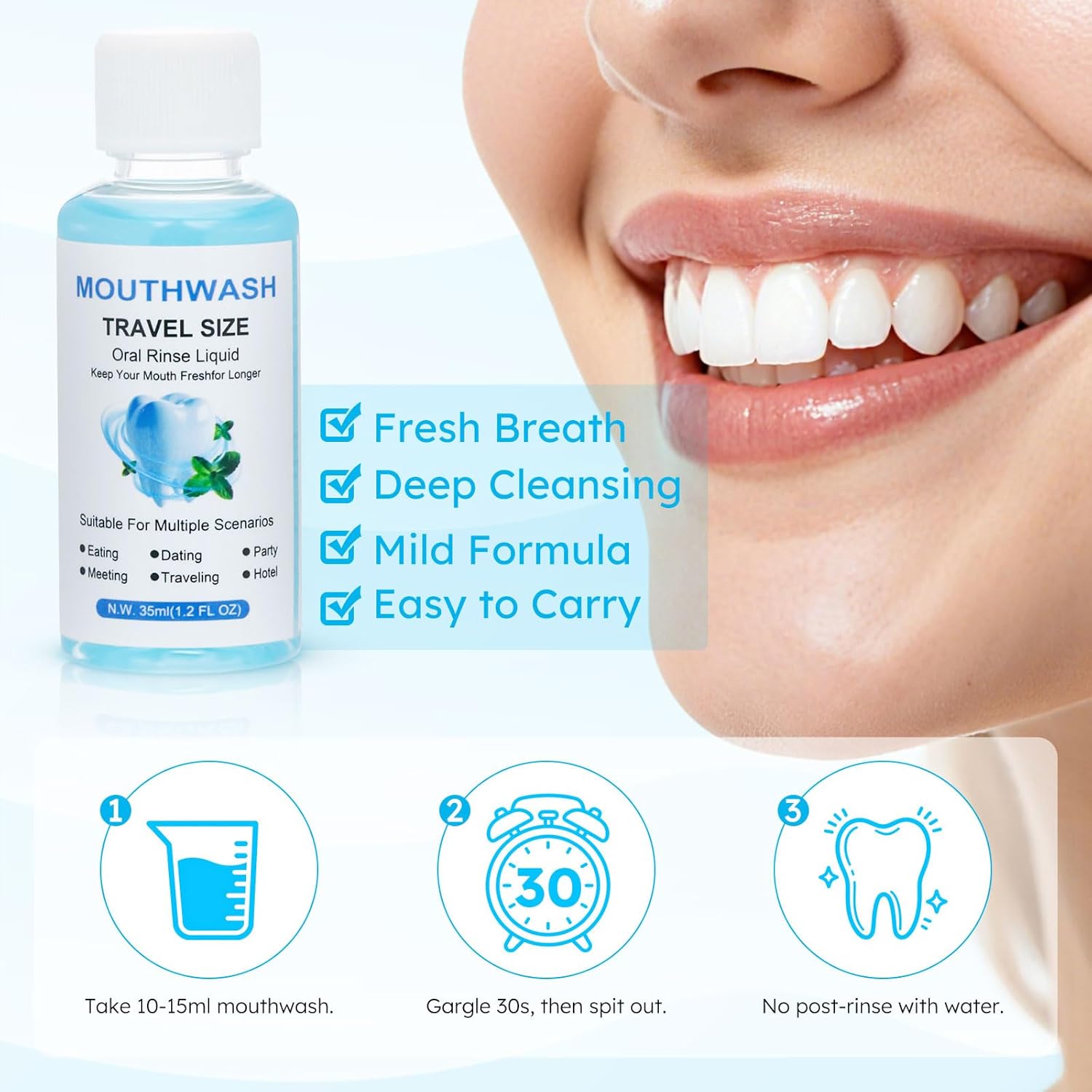 Travel Mouthwash Bulk, 1.2 Oz/35ml Mini Mouthwash Bulk, for Freshening Breath, Easy to Carry, Suitable for Work, Travel, Hotels, Dating Essentials (30-Pack)