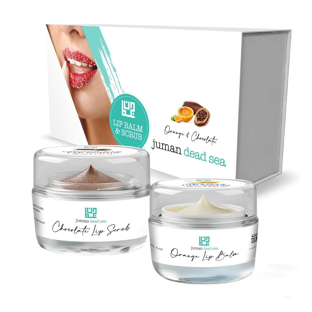 Juman Dead Sea Minerals Lip Care Set | Hydrating Lip Balm & Scrub | Orange & Chocolate | For Chapped & Dry Lips | Dorm Essentials | Vegan | SLS & Paraben-Free | Great as a Gift