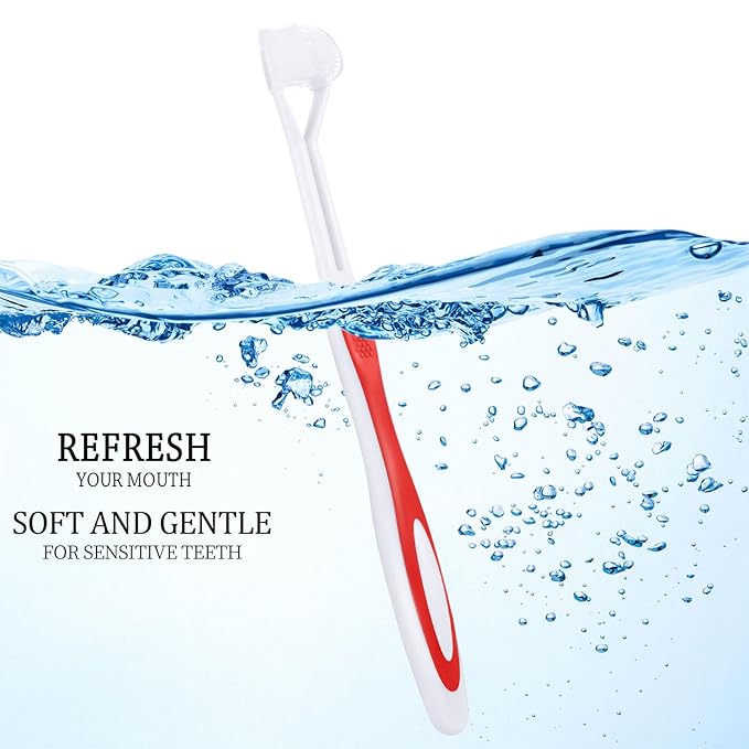 Boao 4 Pieces Toothbrush 3 Sided 7.1 Inch Autism Sensory Toothbrush 360 Degree Cleaning Travel Brush Complete Teeth Gum Care Angle Clean Tooth(Red)