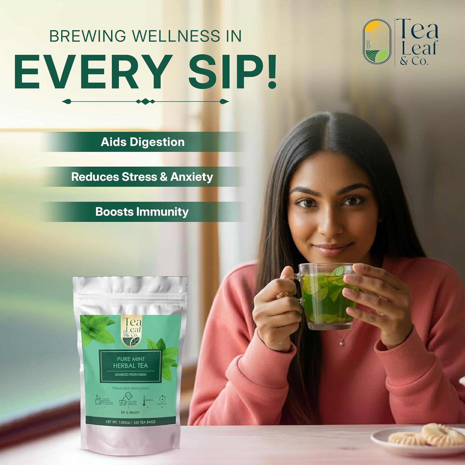 Tealeaf & Co. Pure Mint Herbal Tea Bags Blended with Fresh Herbs - Spearmint & Peppermint Tea - Contains Low Caffeine - Gluten Free - 100 Teabags (7.055oz/200gm)