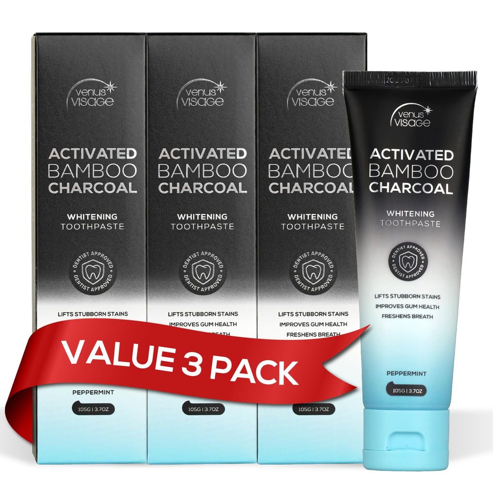 Venus Visage Activated Charcoal Toothpaste for Whitening, 3 Pack - Effective Teeth Whitening Toothpaste for Surface Stains - Peppermint Flavor (3.7 oz/105 g)