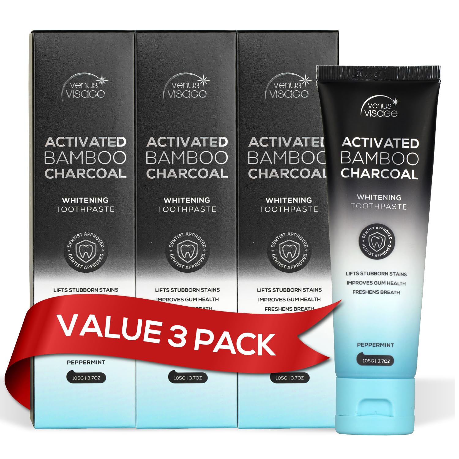 Venus Visage Activated Charcoal Toothpaste for Whitening, 3 Pack - Effective Teeth Whitening Toothpaste for Surface Stains - Peppermint Flavor (3.7 oz/105 g)
