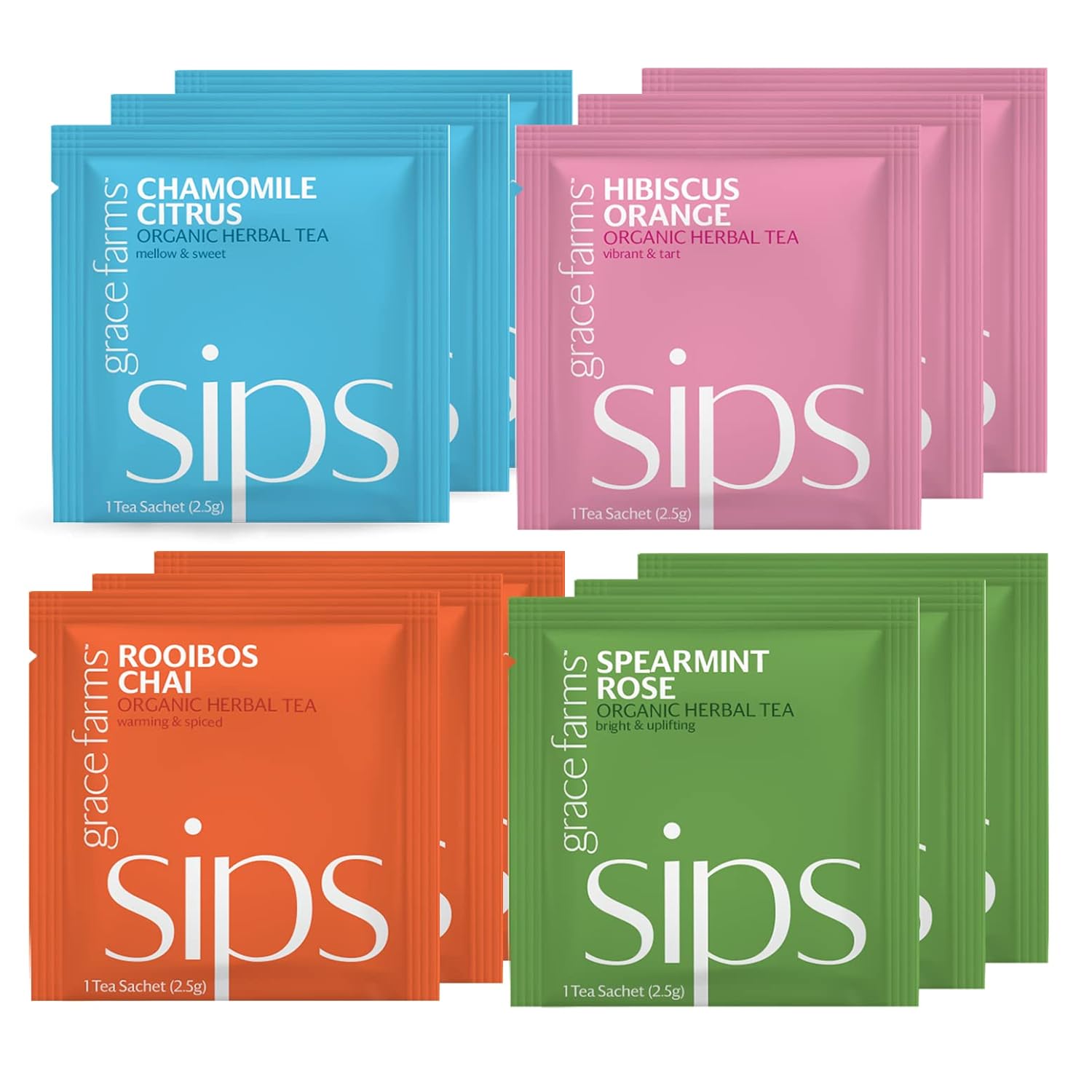 Grace Farms HERBAL TEA VARIETY Box (12 Enveloped Sachets) | 4 Naturally Sweet, Caffeine Free Flavors | Chamomile Citrus, Hibiscus Orange, Spearmint Rose, & Rooibos Chai | Organic, Fair Trade & Kosher | Gives Back 100% of Profits