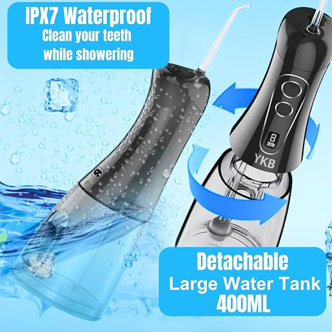 YKB Water Flosser for Teeth, 400ml 8 Modes Portable Water Flosser Cordless with Digital Display, Travel Water Oral Irrigator for Teeth Cleaning & Oral Care Rechargeable IPX7 Waterproof (Black)