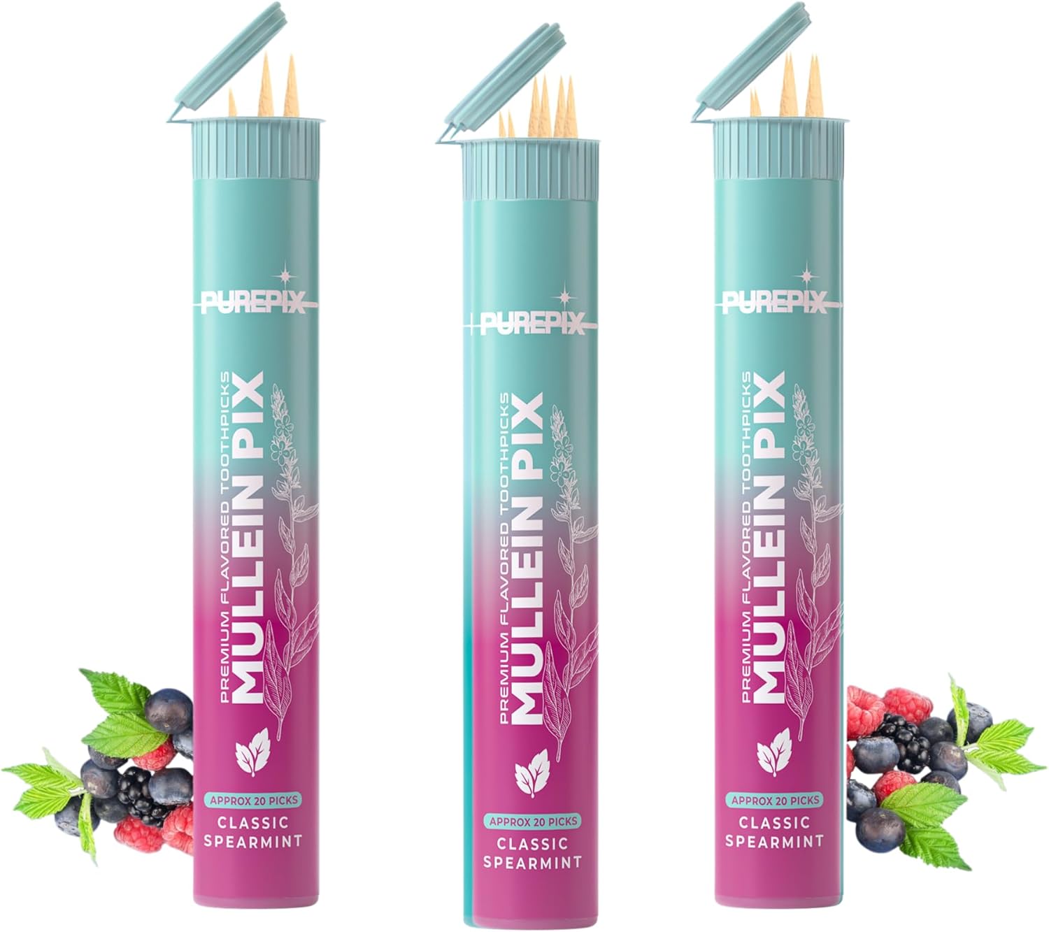 Mullein Pix, Extra Thick Flavored Toothpicks Infused with Mullein Leaf, Natural Quit Smoking Alternative, Lung Cleanse Support, Nicotine Free, Kosher Vegan, Made in The USA (Classic Spearmint 3 Pack)