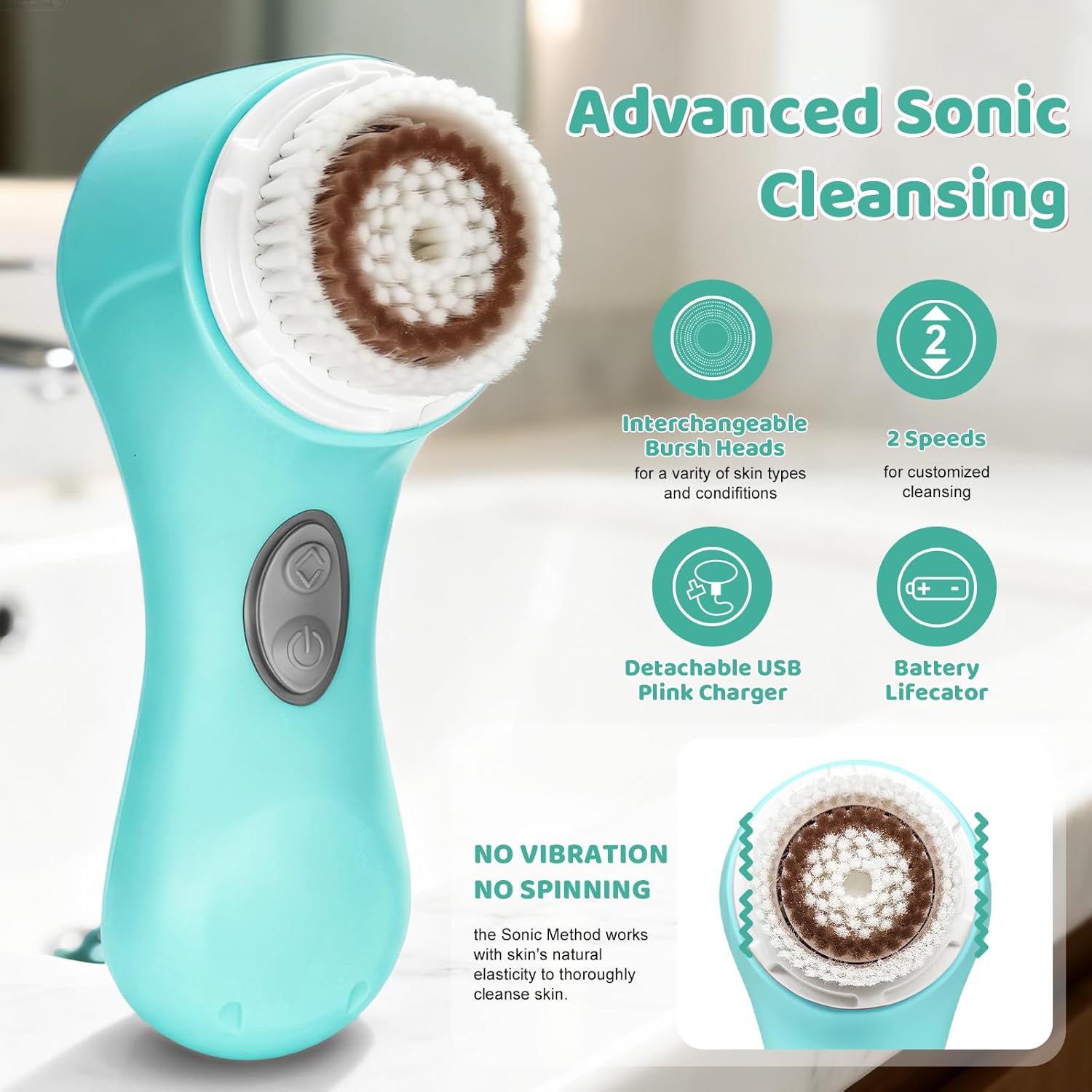 Clarisonic Mia 2 Electric Face Cleansing Brush with 2 Brush Heads, Sonic Facial Brush for Deep Cleaning & Exfoliation, Waterproof Rechargeable (Sea Breeze)