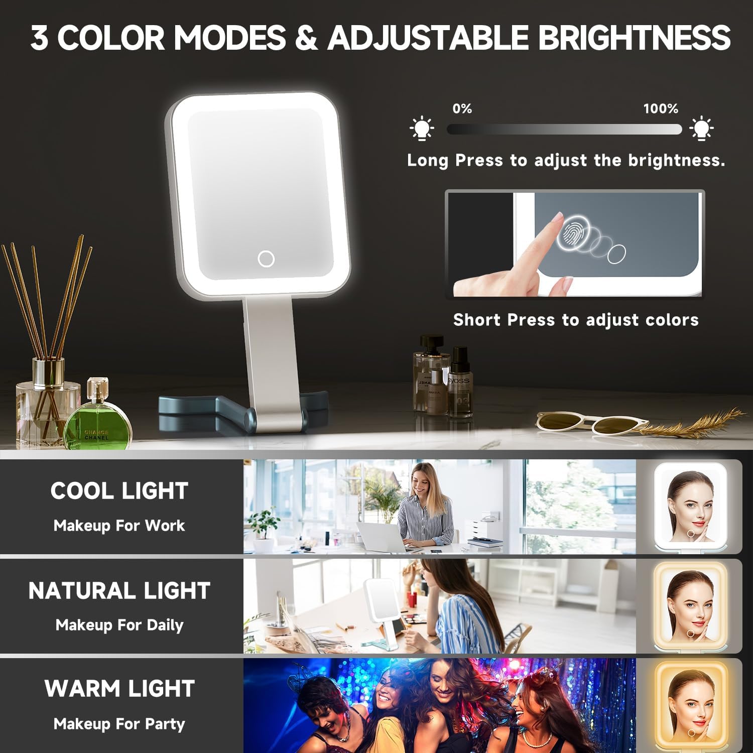 Mocado Travel Makeup Mirror with Lights,10X/1X Magnifying Mirror with Light, Double Sided Travel Mirror with 3 Color Light,Dimmable Touch, Lighted Makeup Mirror for Tabletop, Handheld, Hanging(Blue)