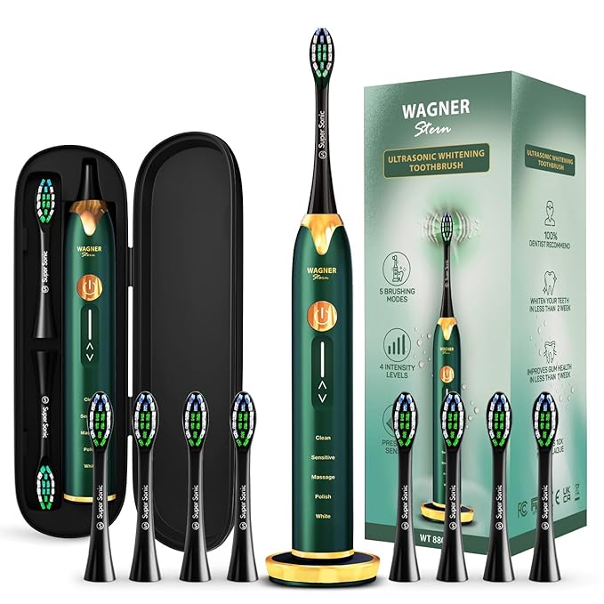 Wagner Stern Ultrasonic whitening Toothbrush with Pressure Sensor. 5 Brushing Modes and 4 Levels of Intensity, 8 Soft bristles, Travel case.