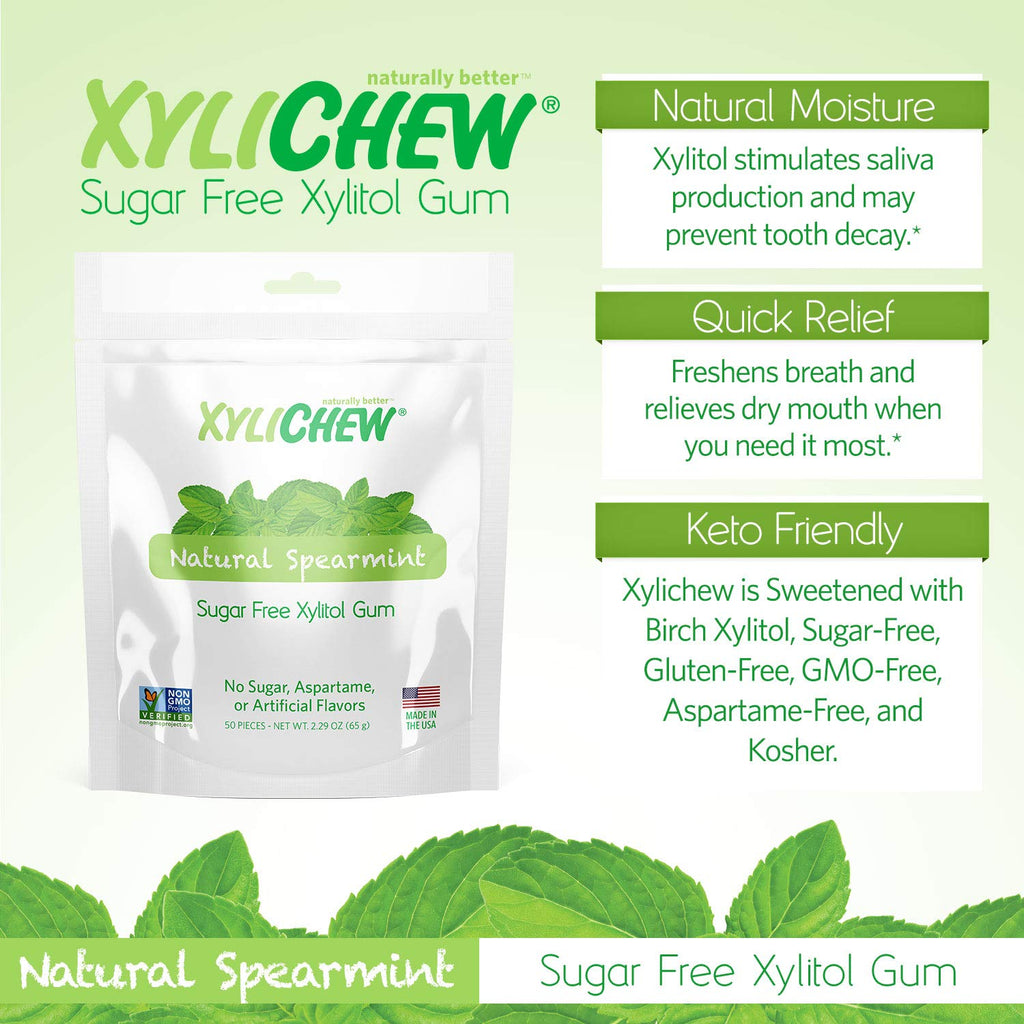 Xylichew 100% Xylitol Chewing Gum - Non GMO, Non Aspartame, Gluten Free, and Sugar Free Gum - Natural Oral Care, Relieves Bad Breath and Dry Mouth - Spearmint, 50 Count