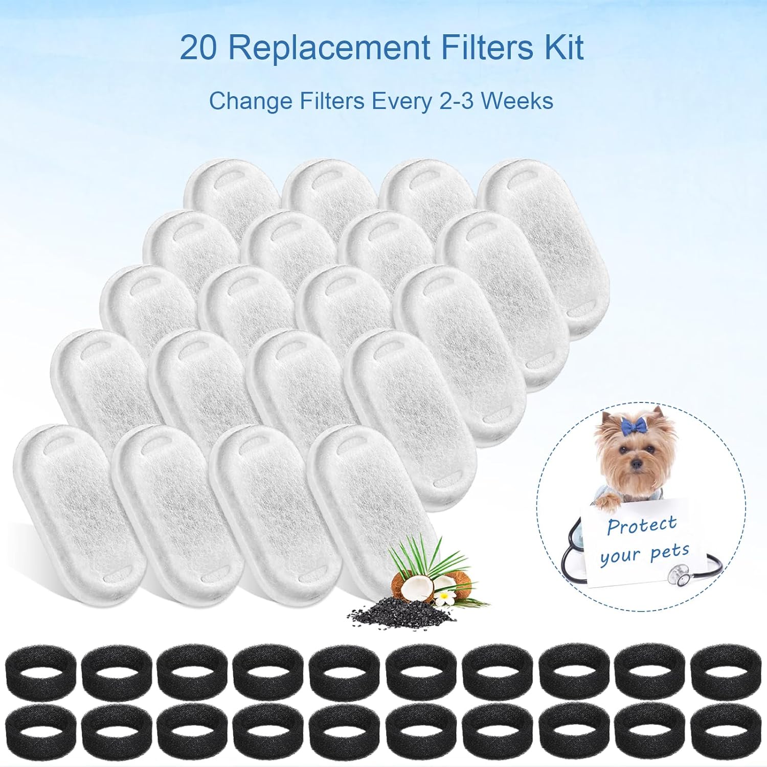 SORON Cat Water Fountain Filters for 67oz/2L and 108/3.2L Stainless Steel Pet Fountain Replacement Filters, 20 Dog Water Bowl Dispenser Filter Replacement with 20 Sponges, Easy to Install and Clean