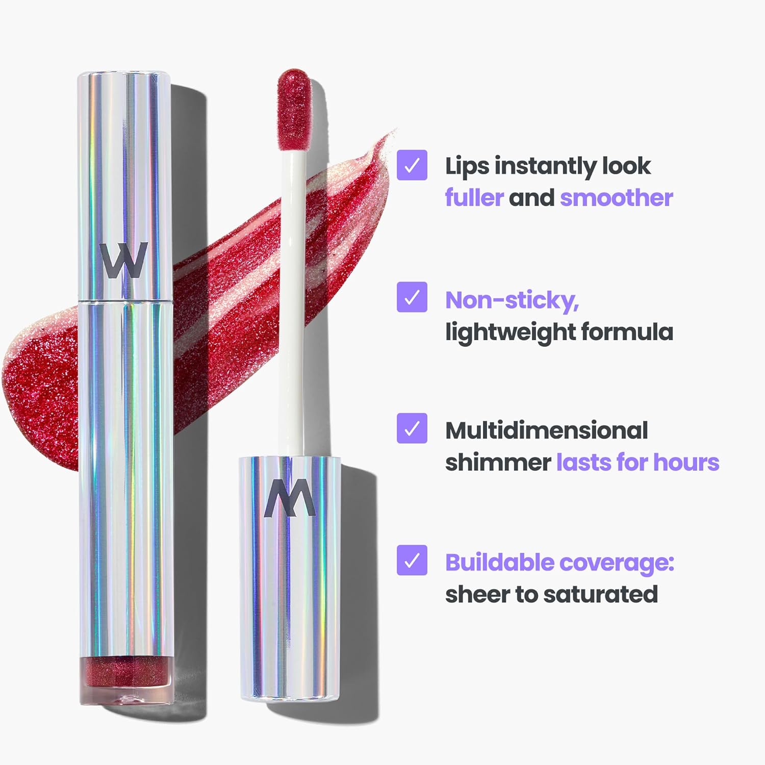 Wonderskin Lip Gloss Blading Top Gloss Red Glitter Lip Gloss, Hydrating and High Shine Finish Lip Makeup (Red Glitter)