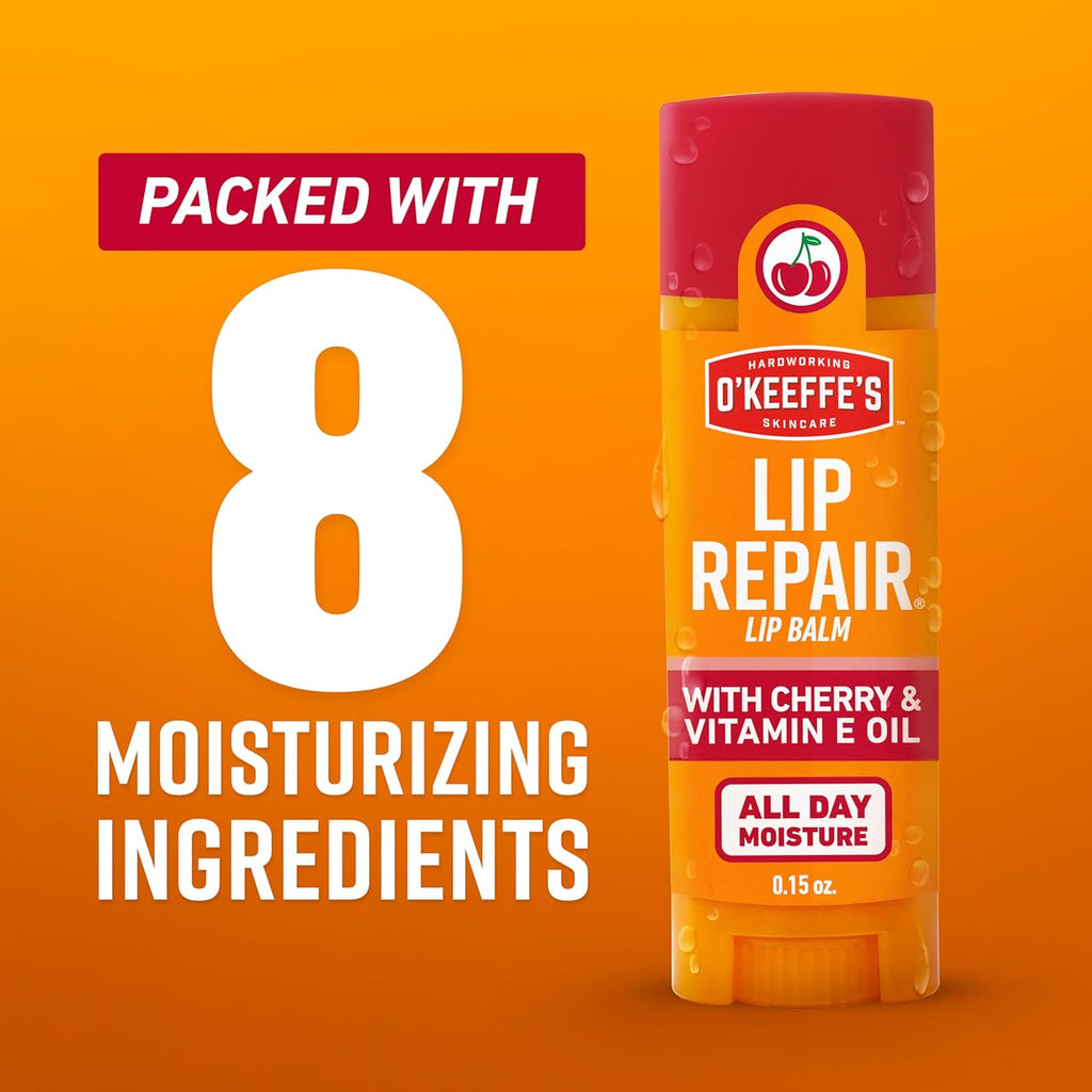 O'Keeffe's Lip Repair Lip Balm with Cherry & Vitamin E Oil - Stick (3 Pack) - Moisturizer for Extremely Cracked, Dry Lips