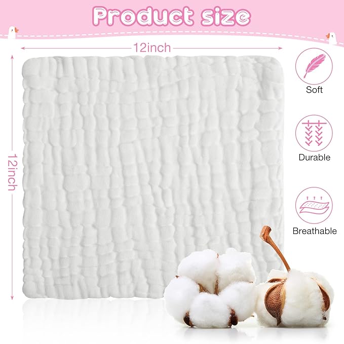 Breling 20 Pcs Baby Muslin Washcloth 12 x 12 Inch 100% Cotton Soft and Absorbent Muslin Washcloth Burp Cloth Wipe Newborn Face Towel for Baby Boy Girl Sensitive Skin(White)