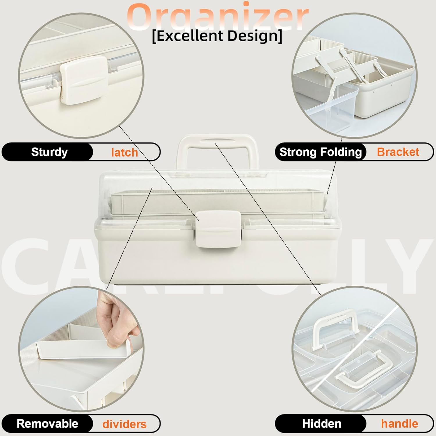 14in 3-Layer Multipurpose Craft Organizers and Storage with Adjustable Dividers, Portable Tackle Box, Folding Art & Craft Case for Medicine, Tool, Sewing Organizer (White, X-Large)