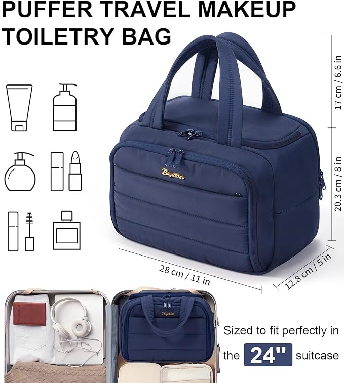 Travel Toiletry Bag, Lightweight Wide-open Large Puffy Toiletry Bag for Women, Quilted Makeup Bag Organizer Water-resistant Cosmetic Bag with Handle for Toiletries, Essentials, Accessories