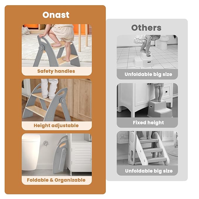 Wooden Step Stool, Two Step Stools, 300 lb. Load Capacity, with Safety Non-Slip Pads and Handles, Bamboo Step Stool for Bathroom and Kitchen, Children's Christmas Gift (Grizzly)