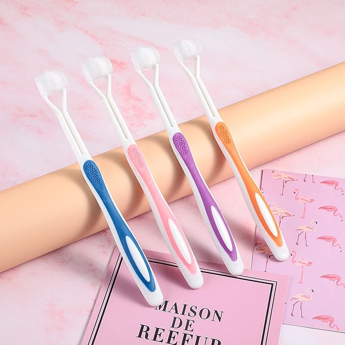 Boao 4 Pieces Toothbrush 3 Sided 7.1 Inch Autism Sensory Toothbrush 360 Degree Cleaning Travel Brush Complete Teeth Gum Care Angle Clean Tooth(Pink, Blue, Orange, Purple)