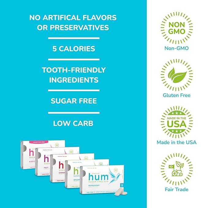 Stevita Hum, Variety Pack - 5 Packets of Sugar-Free Gum - Includes One of Each Flavor: Bubblegum, Peppermint, Cinnamon, Fruit & Spearmint - Non-GMO, Vegetarian, Keto, Gluten Free