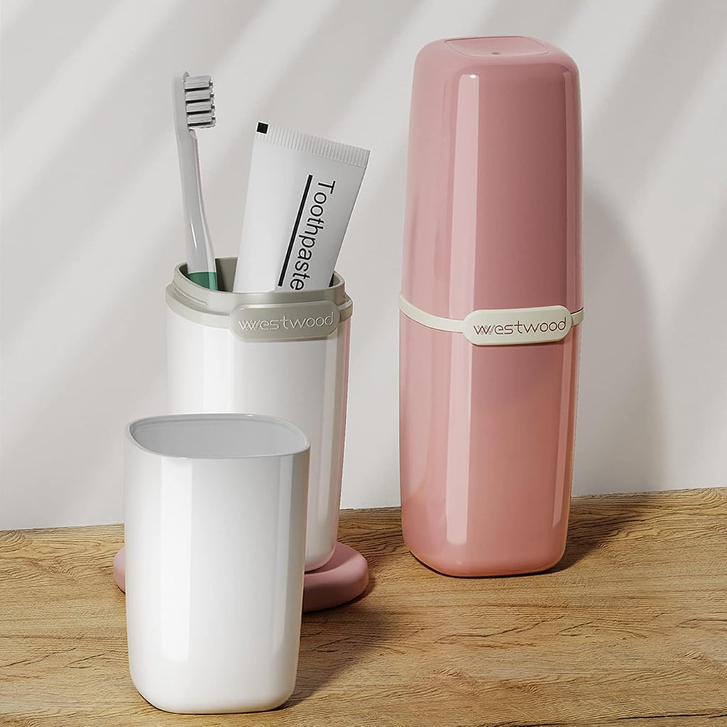 Pink Plastic Travel Toothbrush Holder Case with Cover, Portable Travel Toothbrush Cup, Storage Container for School Camping Business Trip Bathroom