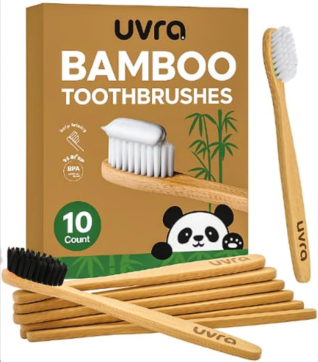 Bamboo Toothbrushes for Adults - 10 Pack Eco-Friendly, Biodegradable, Charcoal-Infused Soft Bristles Bamboo Toothbrush - Sustainable Plastic Free, Compostable Natural Wooden Toothbrushes