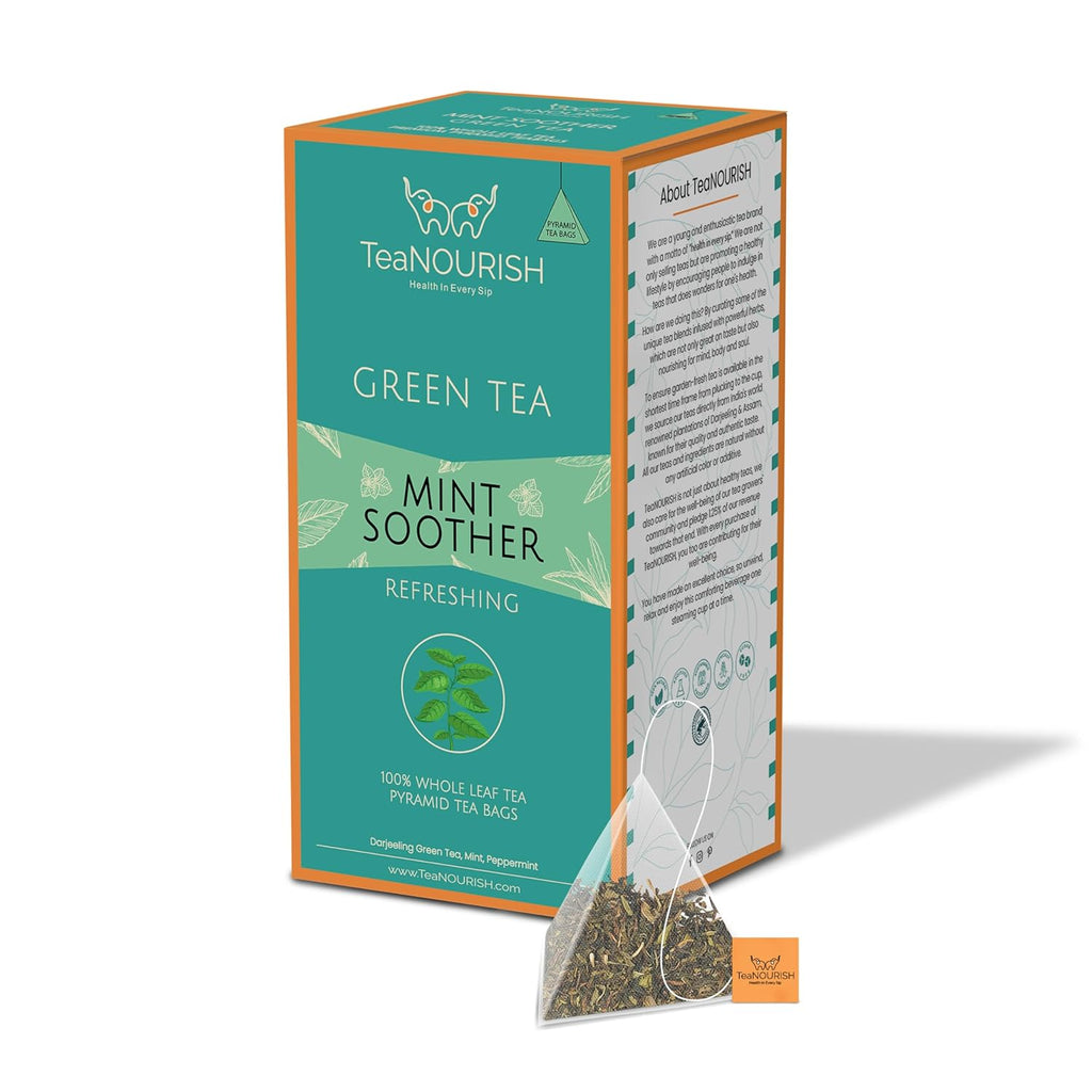 TeaNOURISH Mint Soother Green Tea | 20 Count Pyramid Tea Bags | Darjeeling Whole Leaves | Blended with Fresh Mint & Peppermint Leaves | Refreshing & Calming Tea