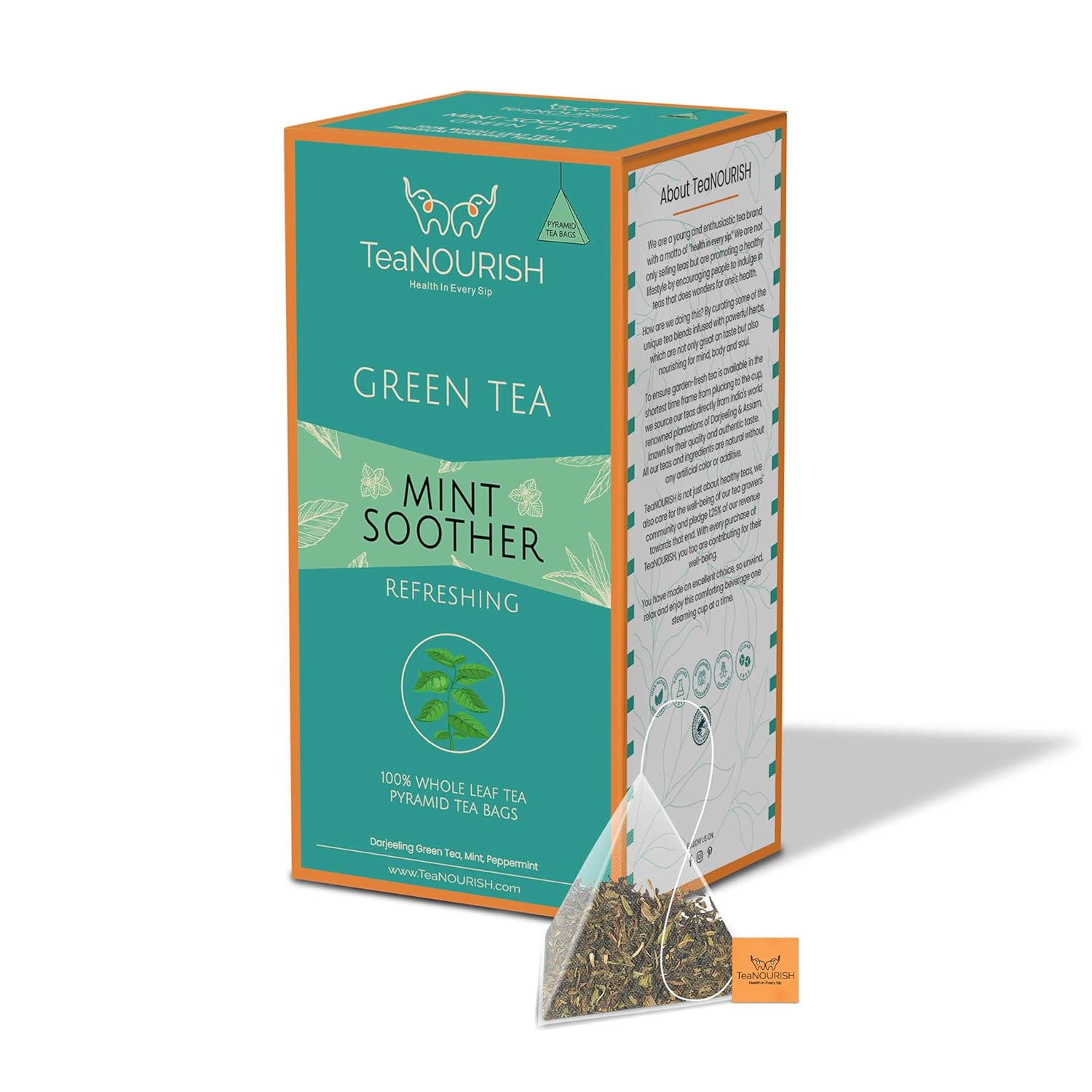 TeaNOURISH Mint Soother Green Tea | 20 Count Pyramid Tea Bags | Darjeeling Whole Leaves | Blended with Fresh Mint & Peppermint Leaves | Refreshing & Calming Tea