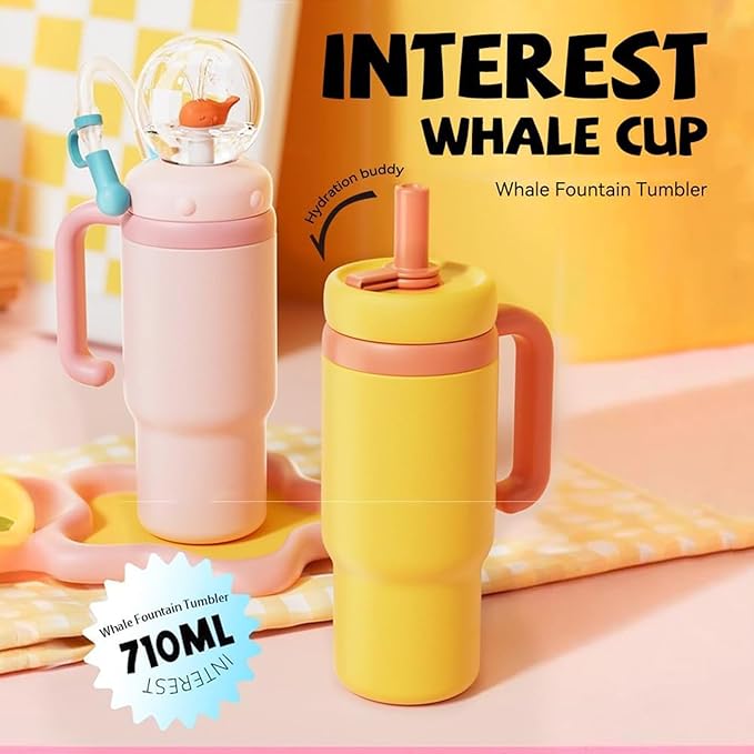 Drinking Cup With Whale Squirt, 24oz Whale Water Bottle with Handle, Insulated Stainless Steel Whale Water Cups With Two Silicone Soft Tip, Leak-Proof Whale Fountain Bottle for Kids Teens (Yellow)
