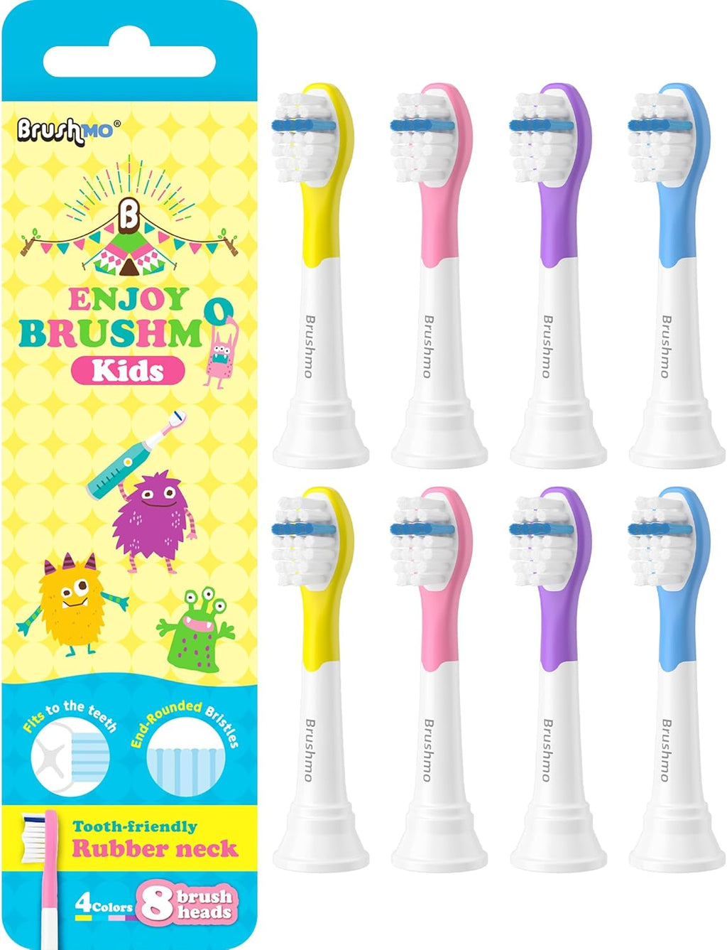 Brushmo Kids Compact Replacement Toothbrush Heads, Compatible with Philips Sonicare for Kids HX6032 & HX6042, Ultra-Soft Dupont Bristles, 8-Pack for Ages 3+, Multi-Color (BM638)