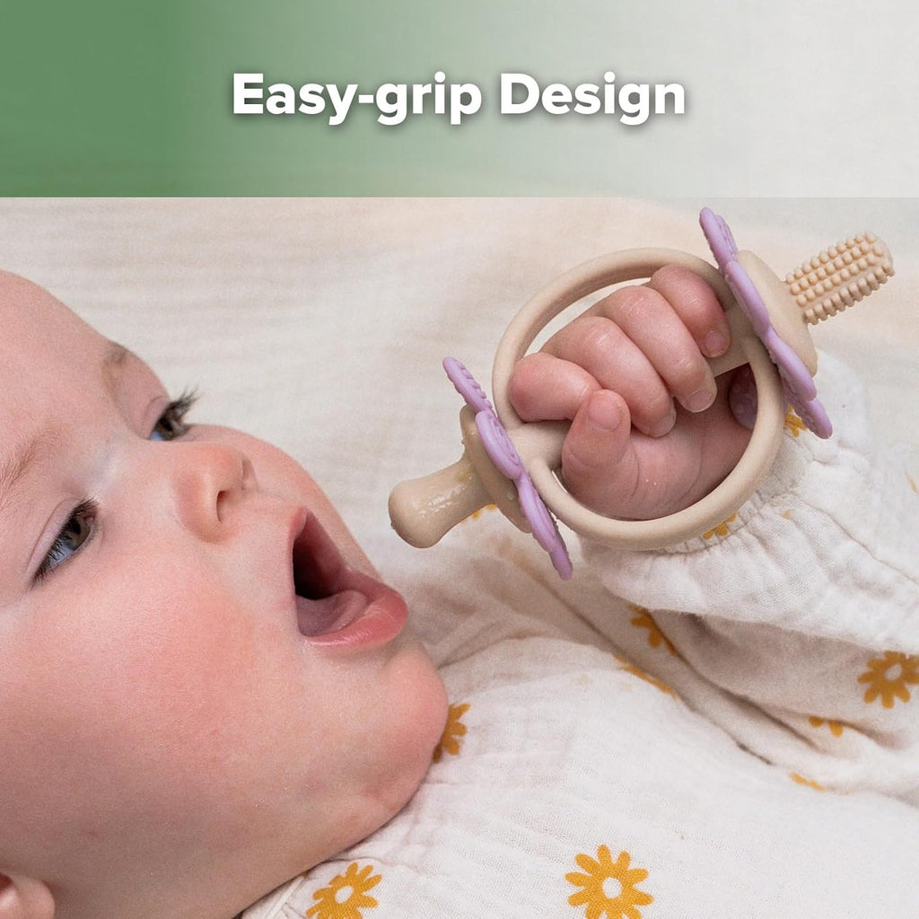 haakaa Silicone Twin Flower Teether,Nipple-Shaped End for Gum Massage,360° Baby Toothbrush Head for Self-Brushing Training,Easy to Grip - Lavender