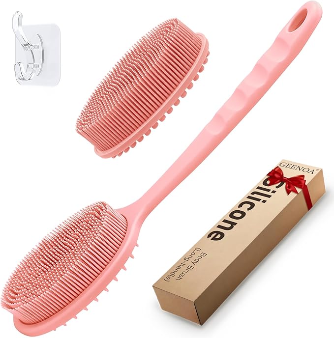 Silicone Back Scrubber for Shower, Gentle Shower Scrubber for Lathering, Softe Silicone Loofah with Two Replaceable Brush Heads, Good for Kids, Sensitive Skin(Pink-Two Heads)