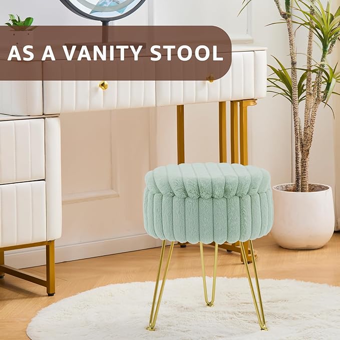 Wimarsbon Vanity Stool with Storage, Faux Fur Ottoman Chair with Metal Legs, Round Makeup Vanity Chair for Bedroom or Dressing Table, Modern Small Ottoman Seat (Green)