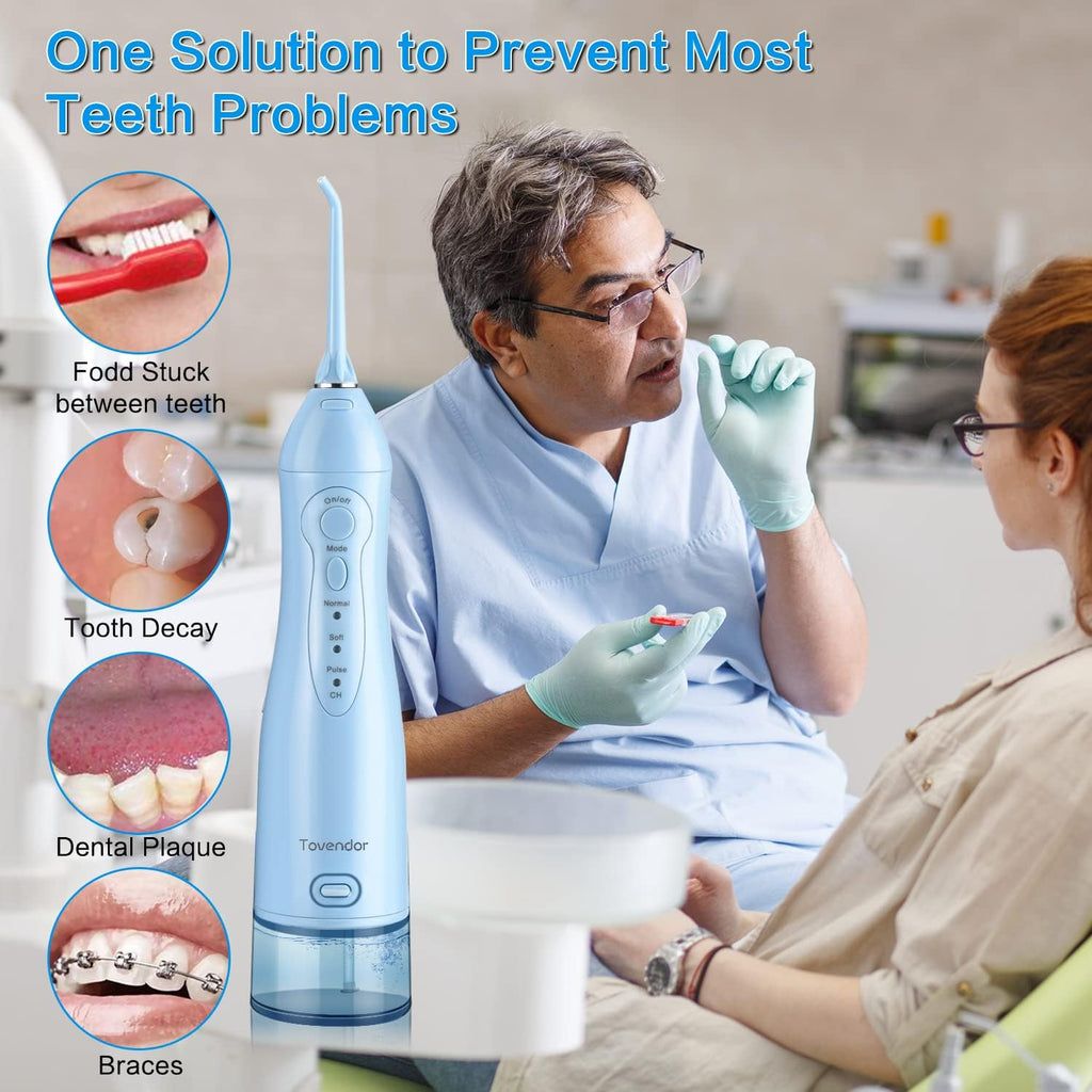 TOVENDOR Electric Water Flosser, Cordless Rechargeable Dental Oral Irrigator IPX7 Waterproof 300ML Travel Water Teeth Cleaner with 5 Tips for Braces Care Teeth Gums Cleaning, Home Office Daily Use