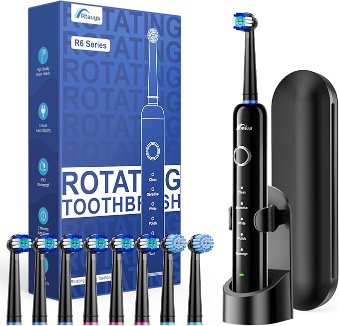 Rtauys Rotating Electric Toothbrush for Adults with 8 Brush Heads (2 Types), 5 Modes Rechargeable Power Toothbrush with Travel Case and 2 Minute Smrte Timer