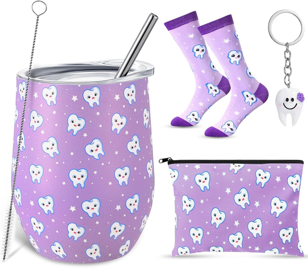 Sliner 4 Pcs Dental Assistant Gifts Set 12 oz Purple Teeth Stainless Steel Tumbler Cosmetic Bag Tooth Shape Keychain Novelty Tooth Sock Dental Hygienist Gifts for Nurse Dentist Christmas Graduation