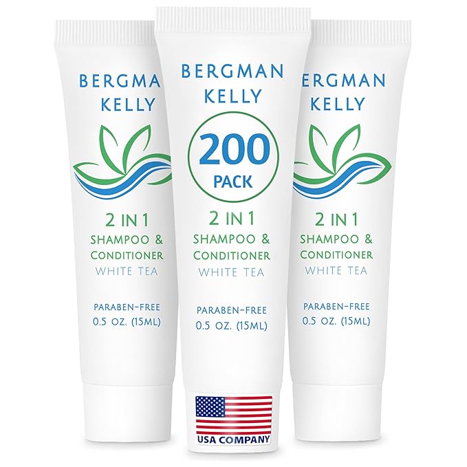 Bergman Kelly - Hotel 2 in 1 Shampoo and Conditioner - 0.5 fl oz, 200 PK, White Tea - Delight Your Guests with Revitalizing and Refreshing Travel Size Shampoo - Quality Mini Hotel Toiletries in Bulk