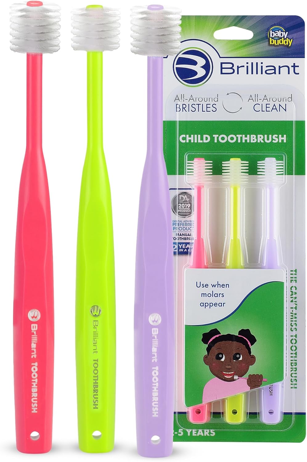 Brilliant Oral Care Child Toothbrush with Soft Bristles and Round Head, for a Kid Approved, Easy to Use All-Around Clean Mouth, Ages 2-5 Years, Pink Lime Lilac, 3 Pack