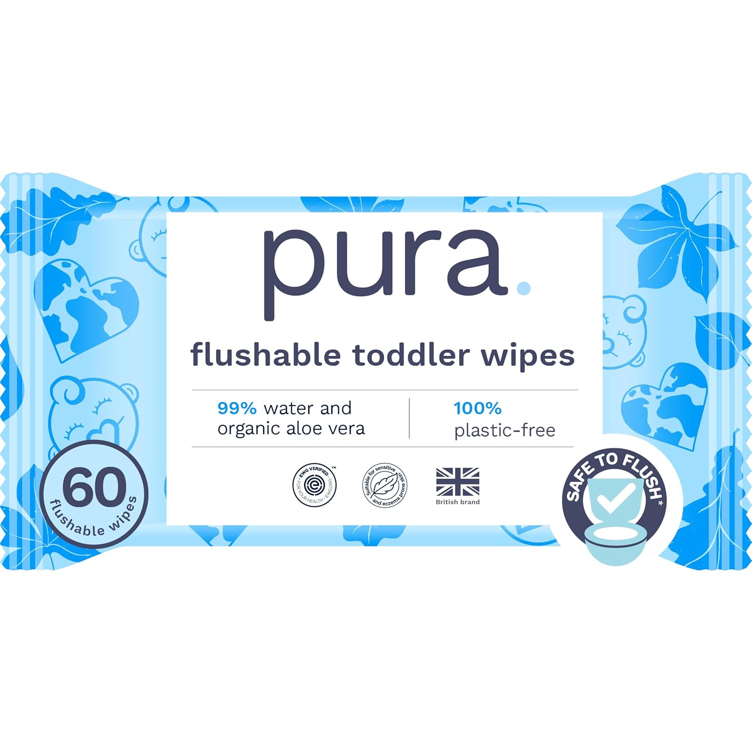 Pura Flushable Toddler Wipes 1 x 60 Wipes, 100% Plastic Free, 99% Water, Hypoallergenic & Fragrance Free, Totally Chlorine Free, Kids Toilet Wipes, Sensitive Skin