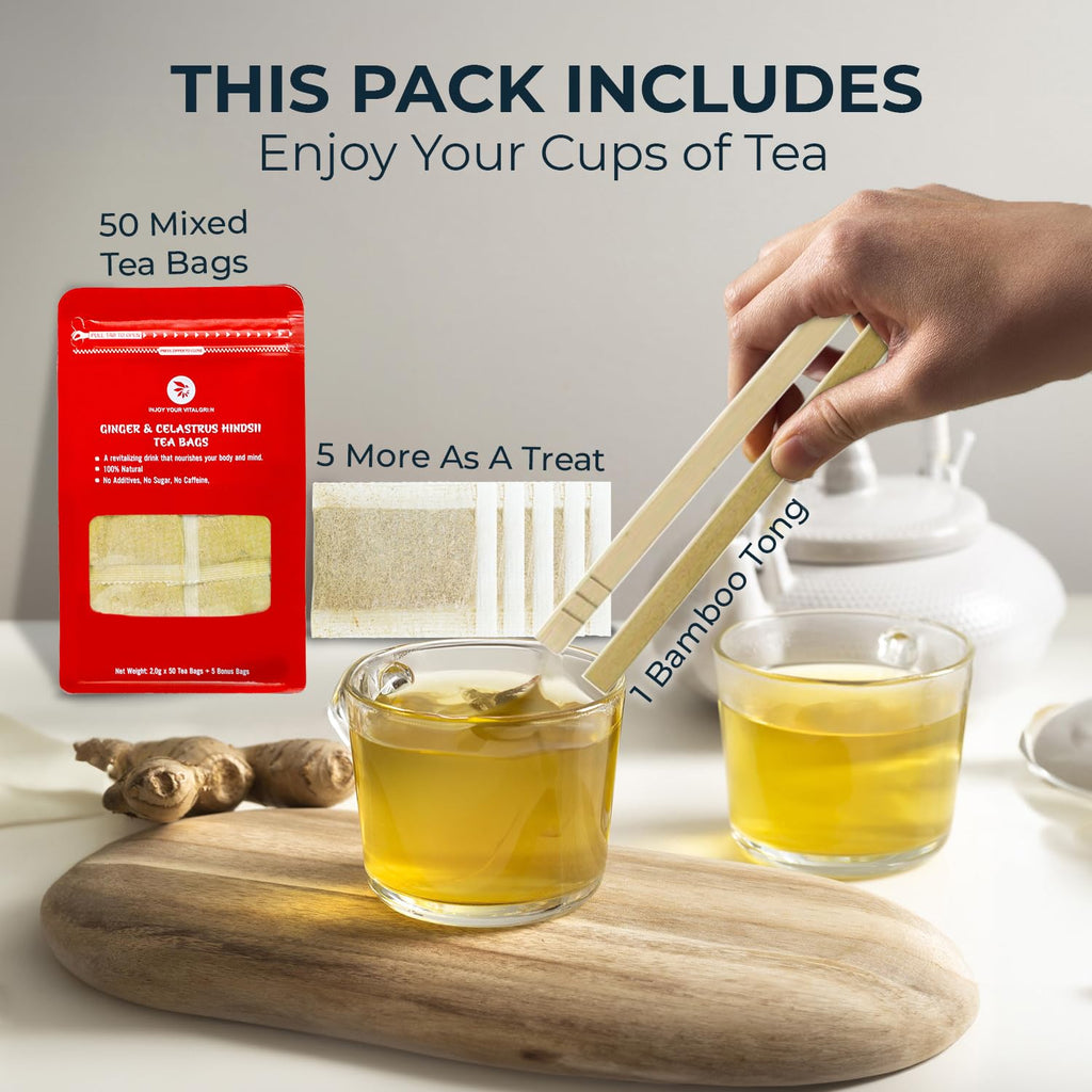 Pure Ginger Tea Bags with Celastrus Hindsii - 55 Count (+5 Tea Bags) - 5.15 oz, Re-Steep Herbal Tea Blend, Corn Based Bags, Bamboo Tong Include, No Sugar Added, Natural Ginger Tea