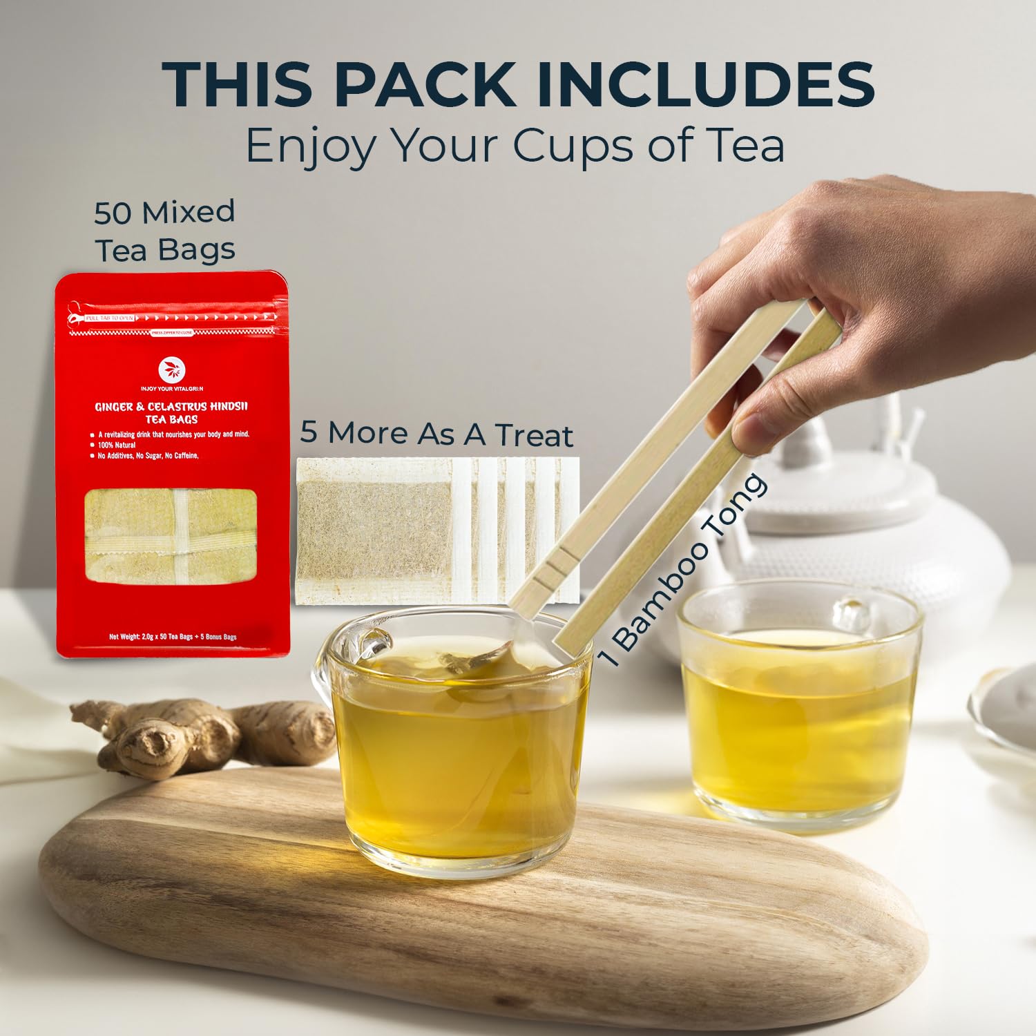 Pure Ginger Tea Bags with Celastrus Hindsii - 55 Count (+5 Tea Bags) - 5.15 oz, Re-Steep Herbal Tea Blend, Corn Based Bags, Bamboo Tong Include, No Sugar Added, Natural Ginger Tea