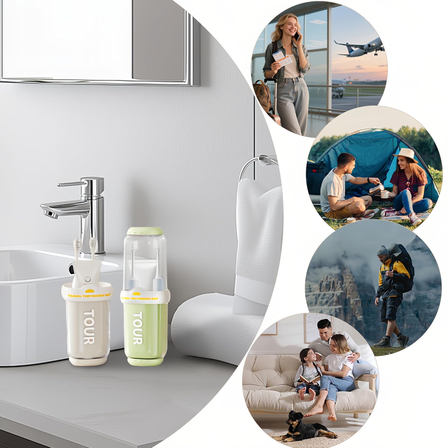 Toothbrush Travel Case, 2 pack Portable Tooth Brush and Toothpaste Holder Rinse Cup Cover Container Compact Oral Clean Tools Organizer for Camping Traveling Home School Business(White + Green)