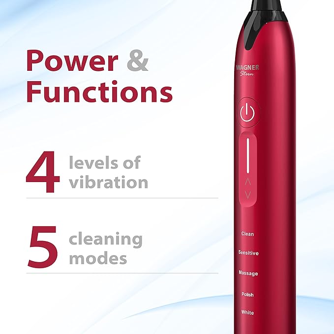 Wagner Stern Ultrasonic whitening Toothbrush with Pressure Sensor. 5 Brushing Modes and 4 Levels of Intensity, 8 Soft bristles, Travel case.